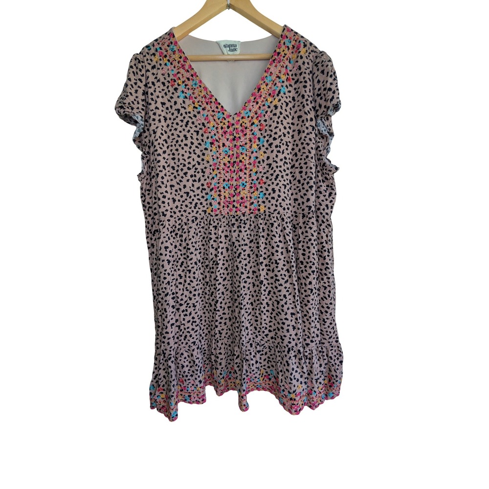 Savanna Jane 3X Cheetah Leopard Print Embroidered Tiered Boho Tunic Dress Pink